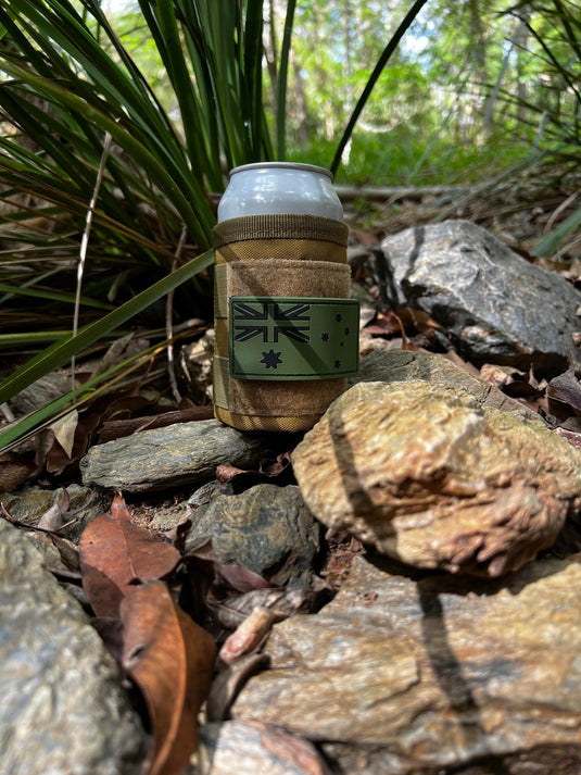 Australia tan cooler and Army Green Australian Flag (PVC) - Tactical Tinnie Combo - Tactical Stubby Coolers