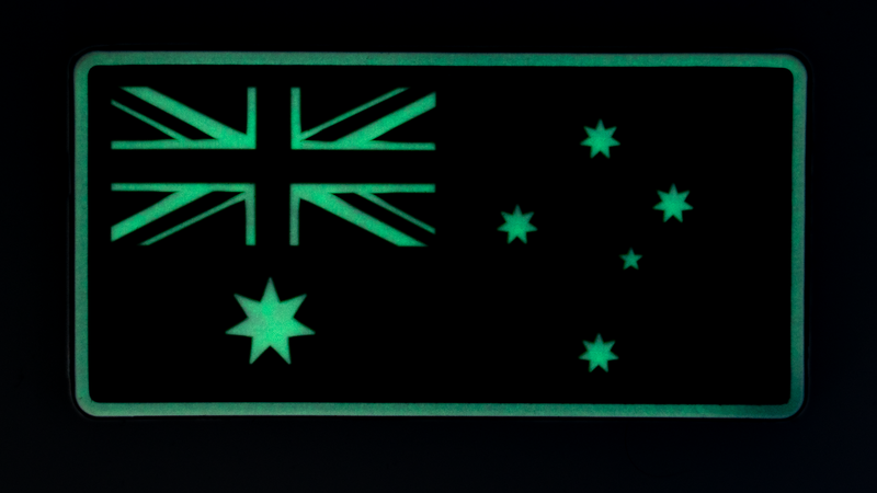 Load image into Gallery viewer, Camo vest cooler and Black Glow in the dark Australian Flag (PVC)- Tactical Stubby Combo - Tactical Stubby Coolers
